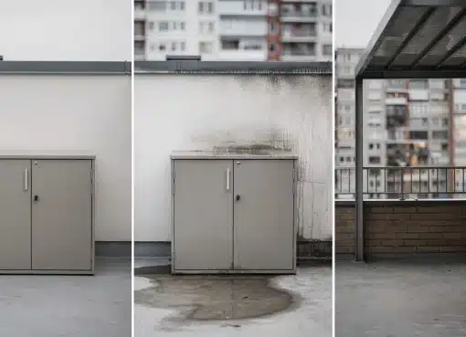 Armadi da esterno su balcone, terrazzo e loggia con segni di umidità e condensa sulla parete retrostante