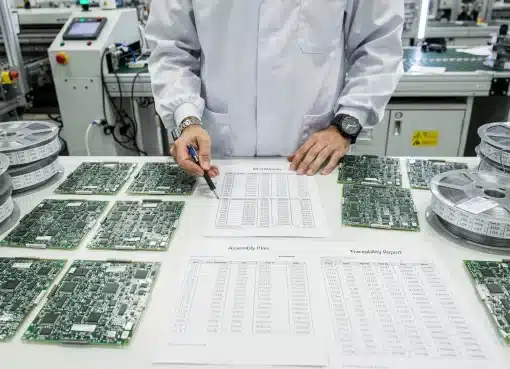 Tecnico in reparto elettronico controlla BOM, piano di montaggio ed etichette accanto a schede PCB e componenti